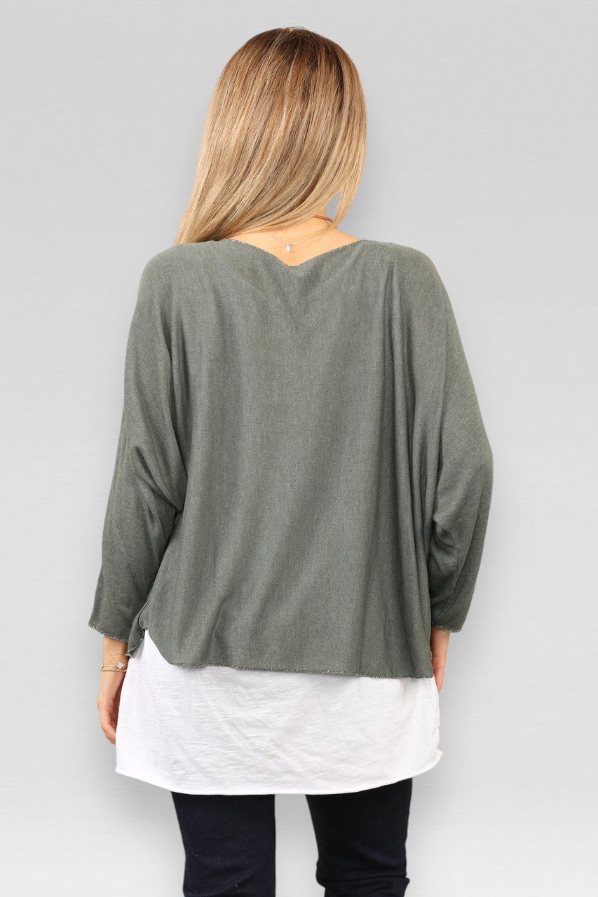 EFFEN TWEELAAGSE TOP MET KETTING - KHAKI