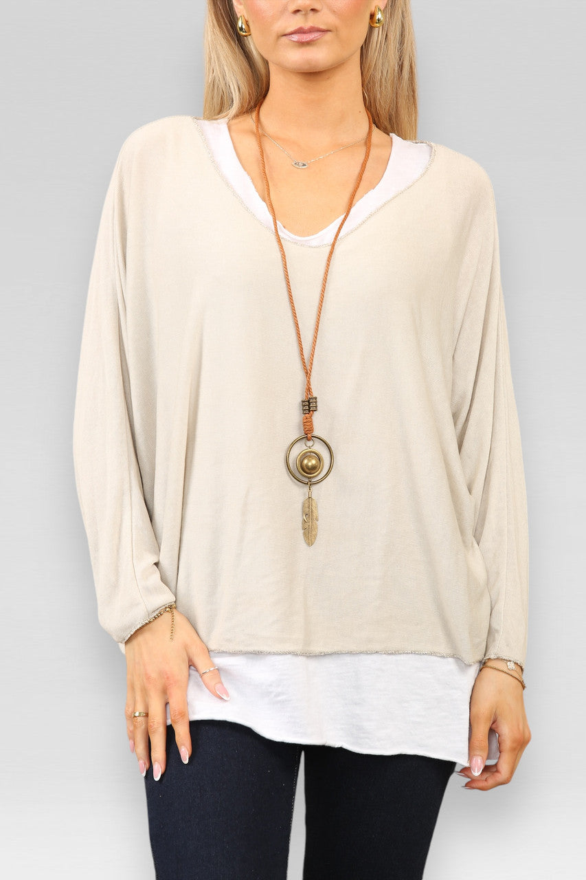 EFFEN TWEE-LAAGS TOP MET KETTING - STEEN