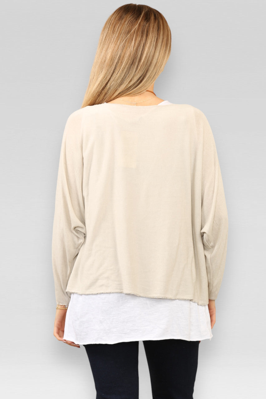 EFFEN TWEE-LAAGS TOP MET KETTING - STEEN