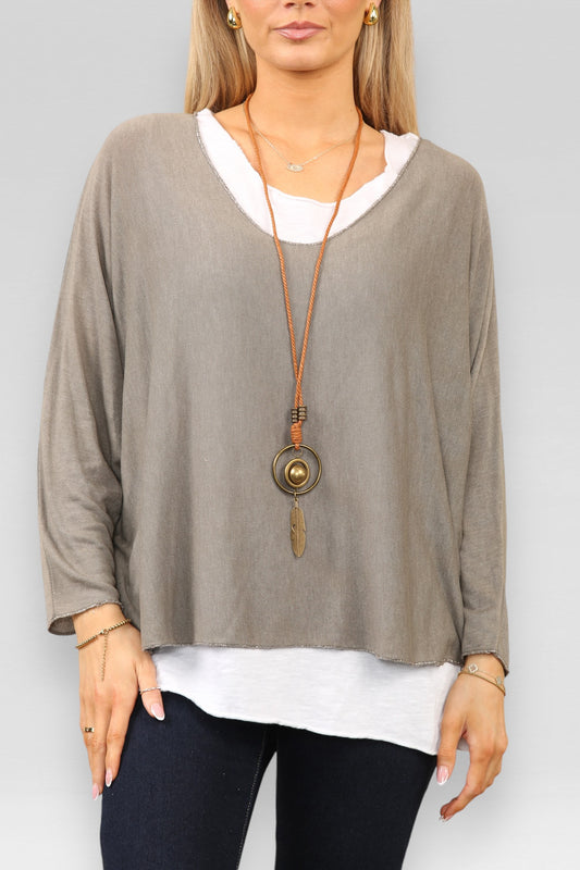 PLAIN 2 LAYER TOP WITH NECKLACE - TAUPE