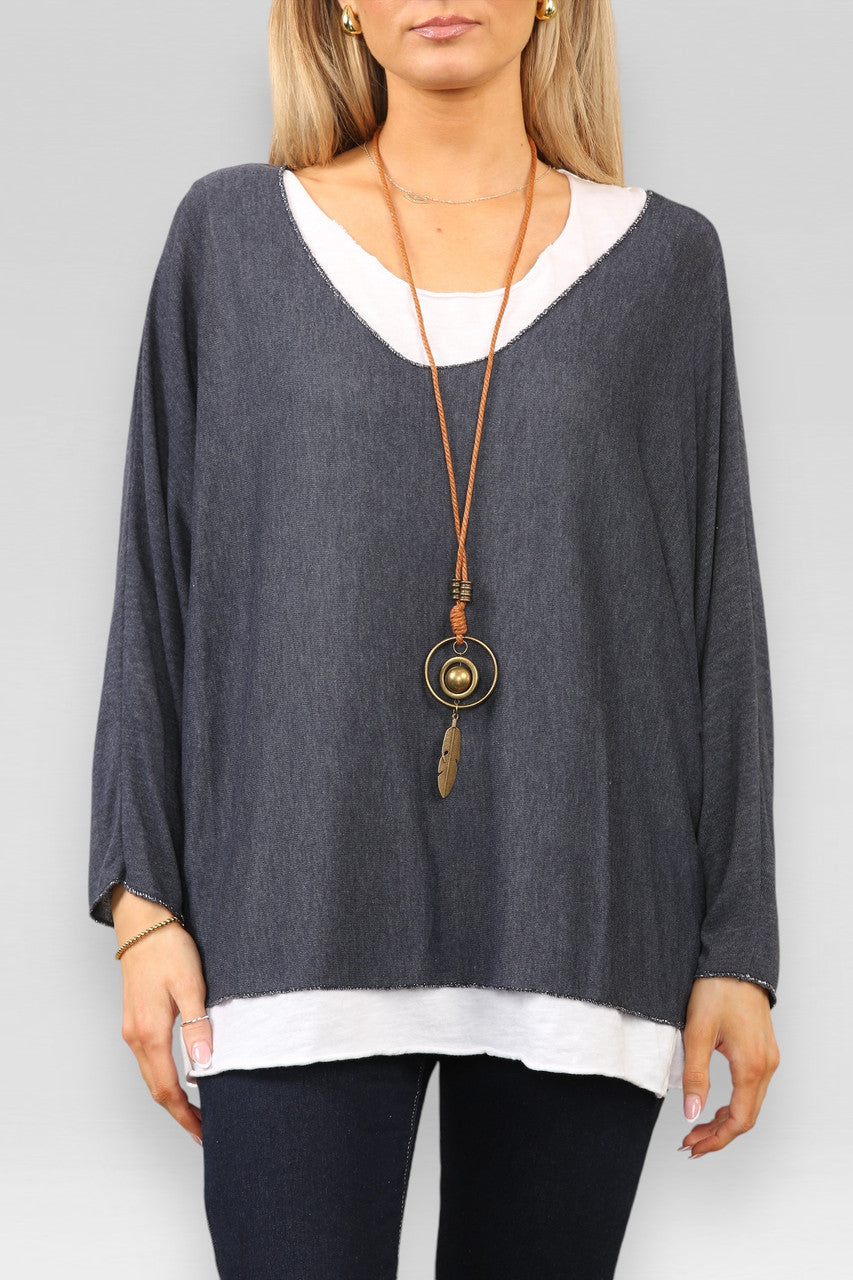 EFFEN 2-LAAGSE TOP MET KETTING - NAVY