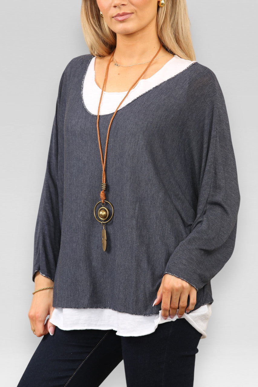 EFFEN 2-LAAGSE TOP MET KETTING - NAVY