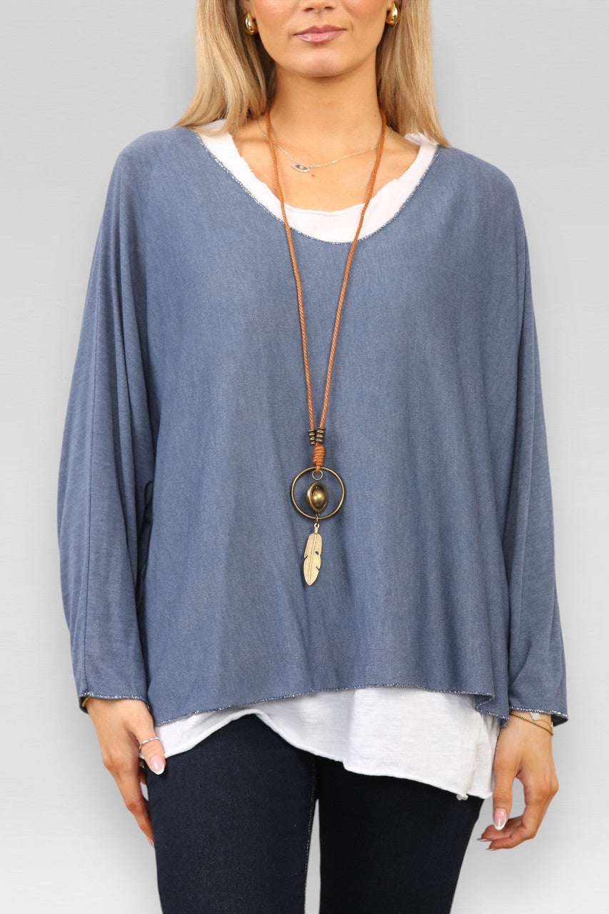 EFFEN 2-LAGEN TOP MET KETTING - DENIM