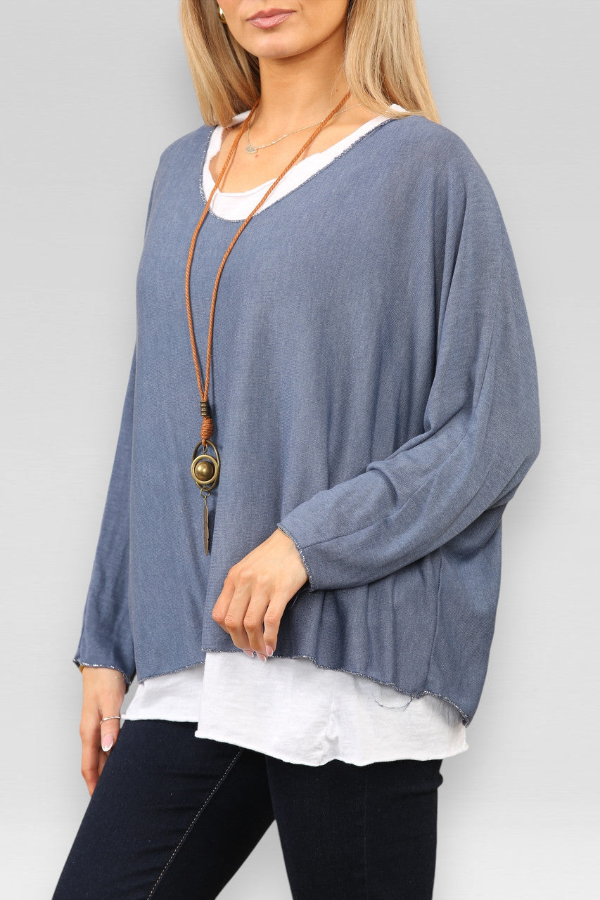 EFFEN 2-LAGEN TOP MET KETTING - DENIM