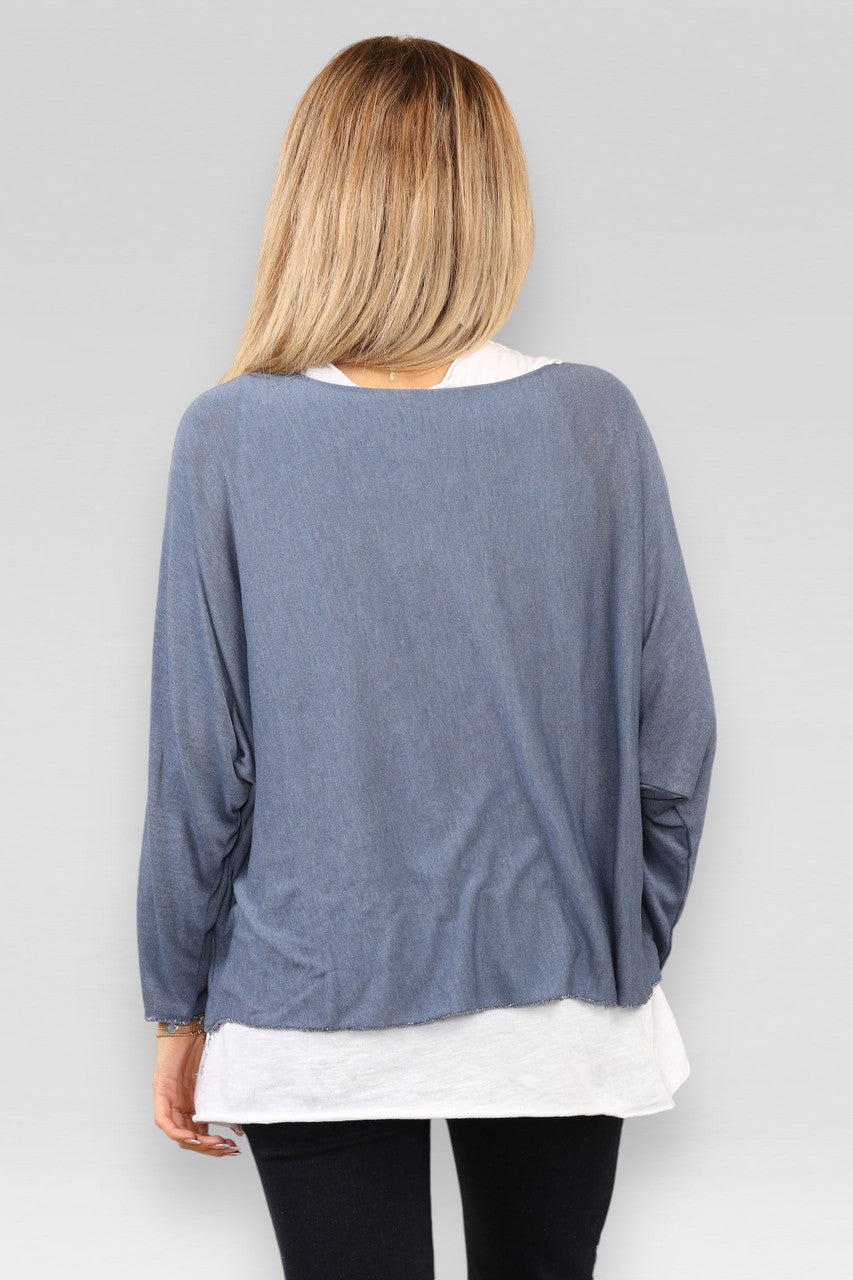 EFFEN 2-LAGEN TOP MET KETTING - DENIM