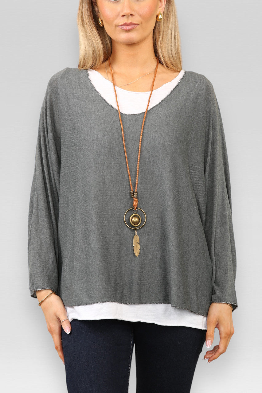 EFFEN 2-LAAGSE TOP MET KETTING - ANTRACIET