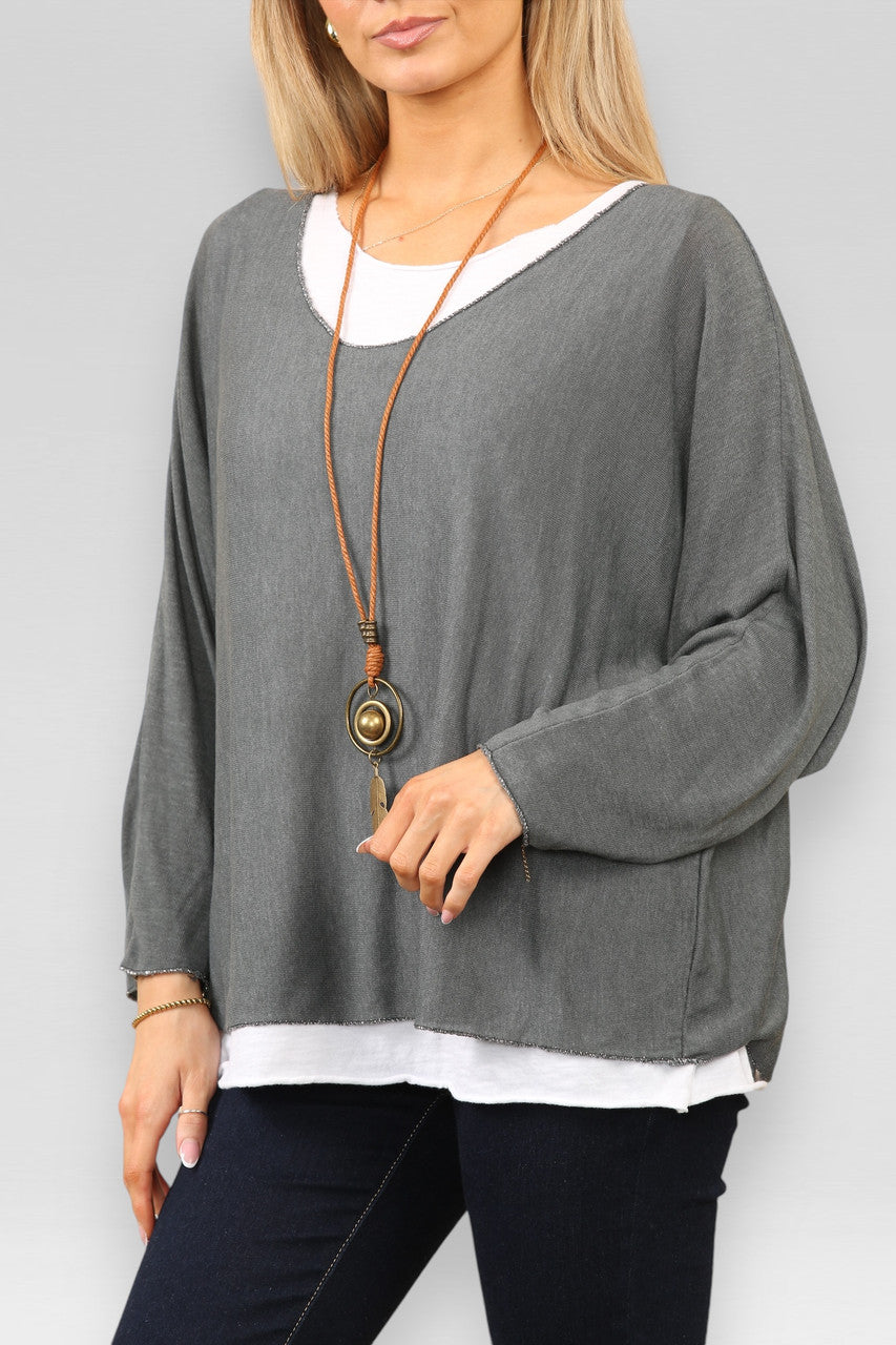EFFEN 2-LAAGSE TOP MET KETTING - ANTRACIET