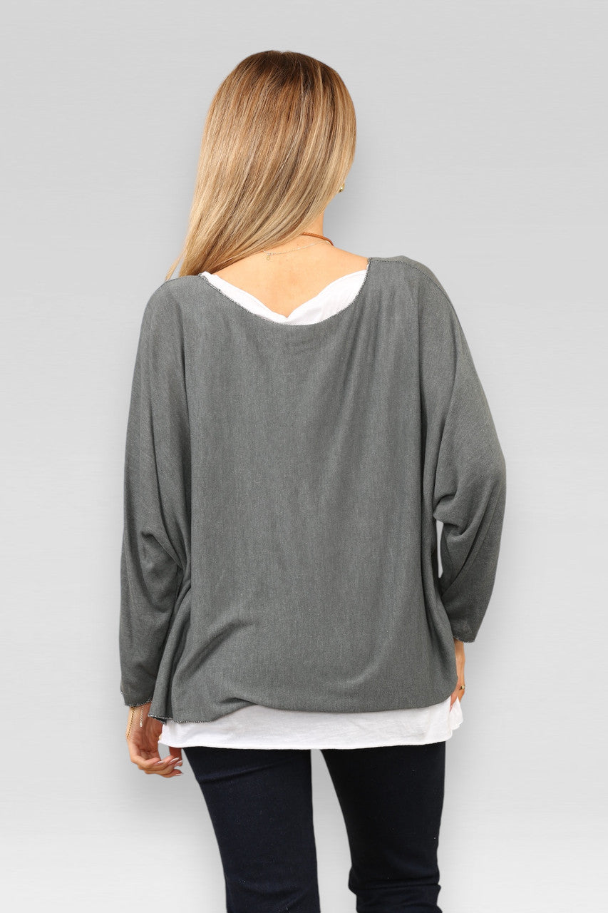 EFFEN 2-LAAGSE TOP MET KETTING - ANTRACIET