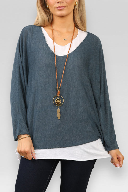 PLAIN 2 LAYER TOP WITH NECKLACE TEAL