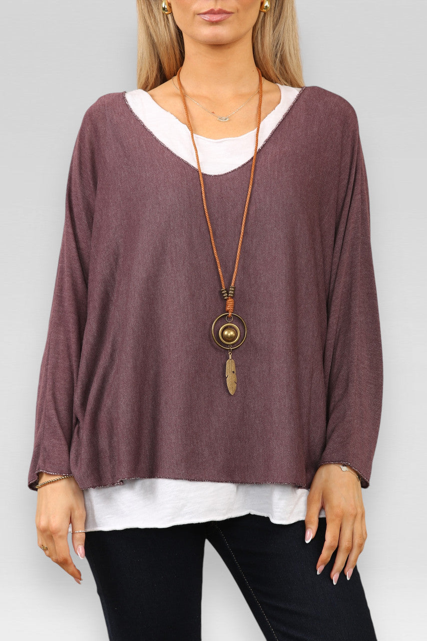 EFFEN TWEELAAGSE TOP MET KETTING PLUM