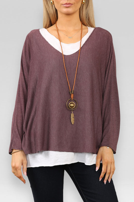 PLAIN 2 LAYER TOP WITH NECKLACE PLUM