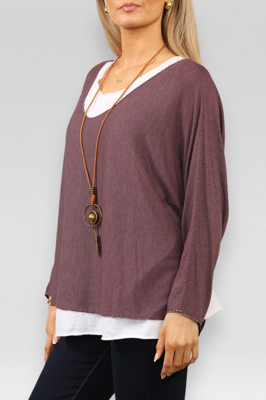 EFFEN TWEELAAGSE TOP MET KETTING PLUM