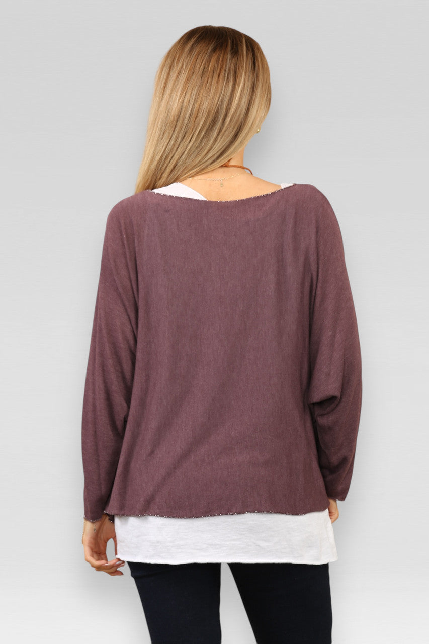 EFFEN TWEELAAGSE TOP MET KETTING PLUM