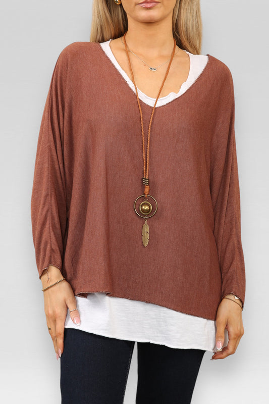 PLAIN 2 LAYER TOP WITH NECKLACE RUST