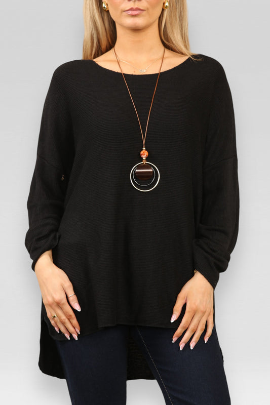 FINE KNIT RIBBED SPLIT SIDE JUMPER & NECKLACE BLACK