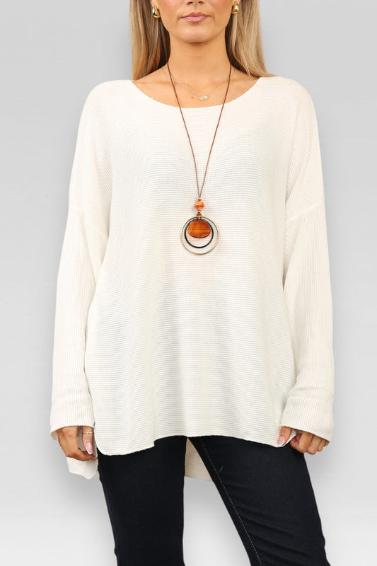 FINE KNIT RIBBED SPLIT SIDE JUMPER & NECKLACE WHITE