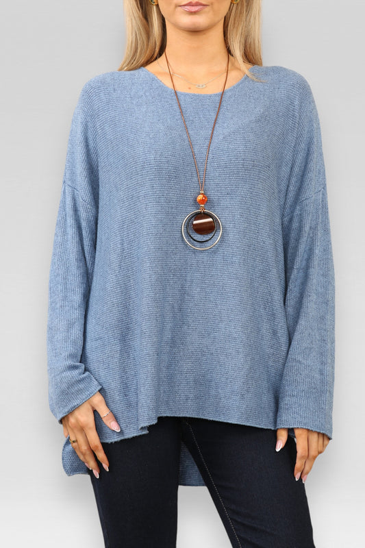 FINE KNIT RIBBED SPLIT SIDE JUMPER & NECKLACE DENIM