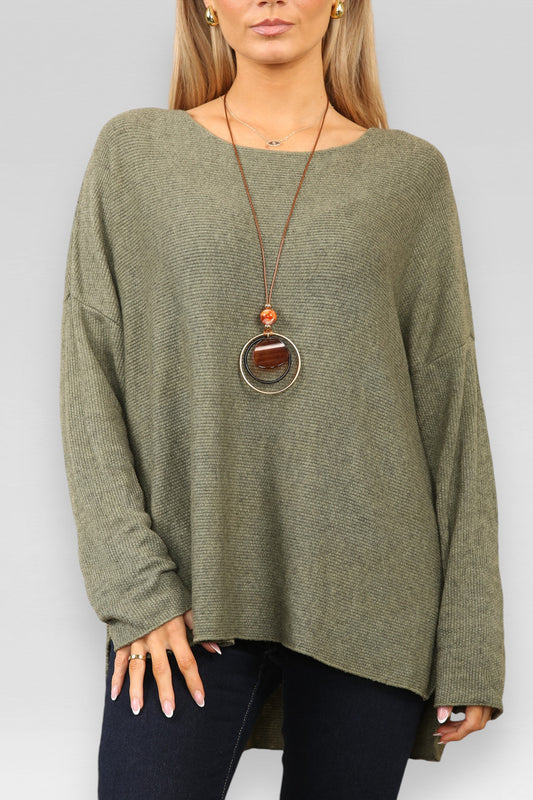 FINE KNIT RIBBED SPLIT SIDE JUMPER & NECKLACE KHAKI