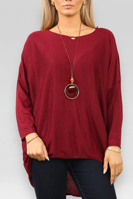 PLAIN DROP SLEEVE FINE KNIT JUMPER BURGUNDY