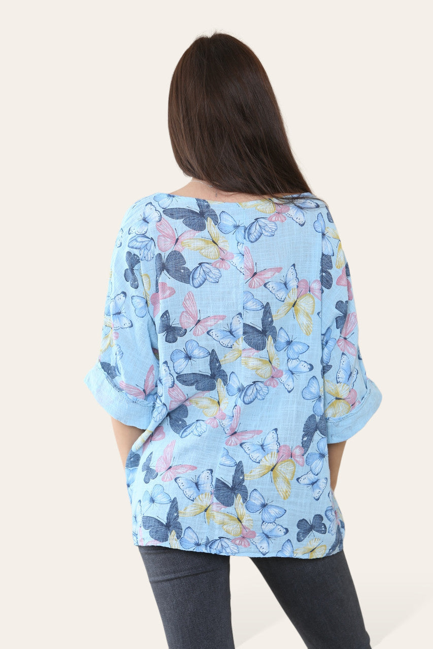 TOP MET VLINDERPRINT HEMELSBLAUW