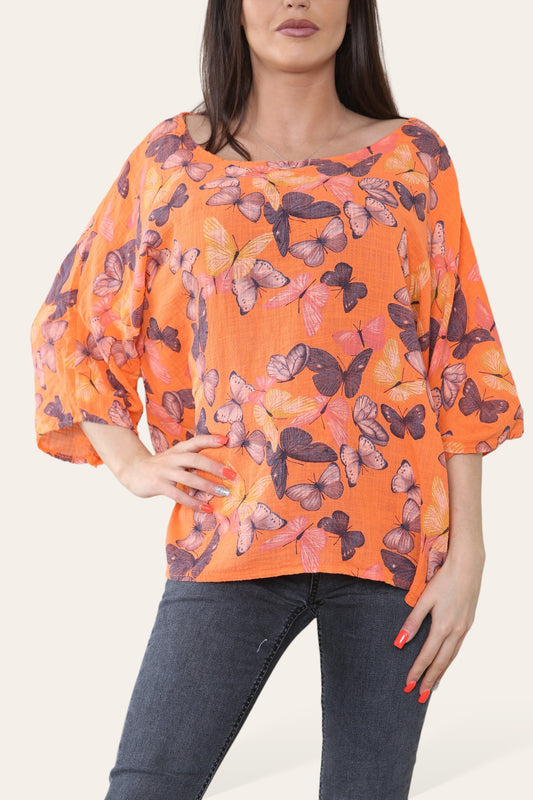BUTTERFLIES PRINT TOP ORANGE