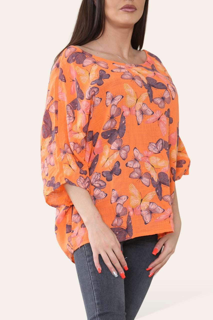 TOP MET VLINDERPRINT ORANJE