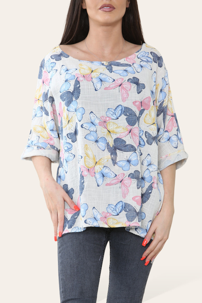 TOP MET VLINDERPRINT STEENKLEURIG