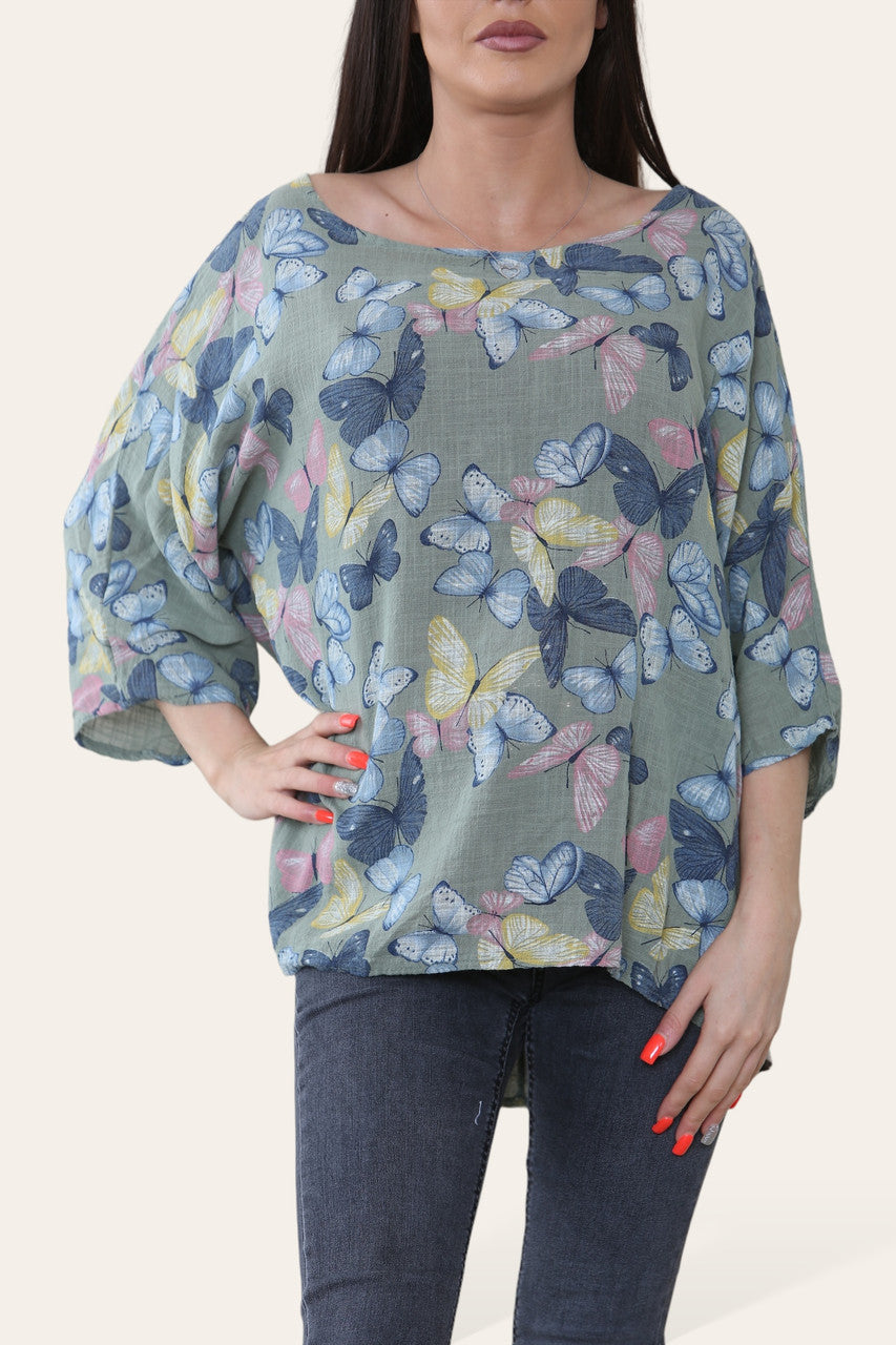 TOP MET VLINDERPRINT KAKI