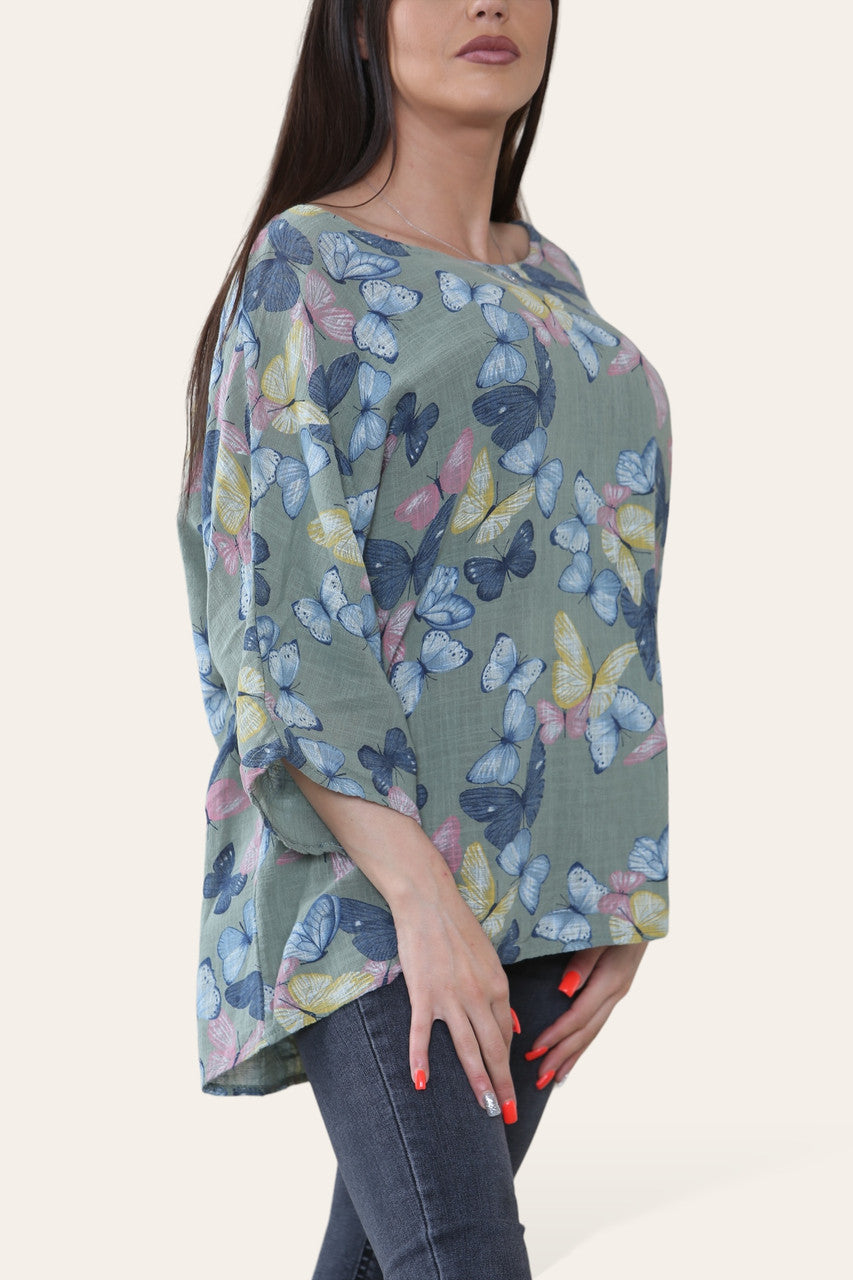 TOP MET VLINDERPRINT KAKI