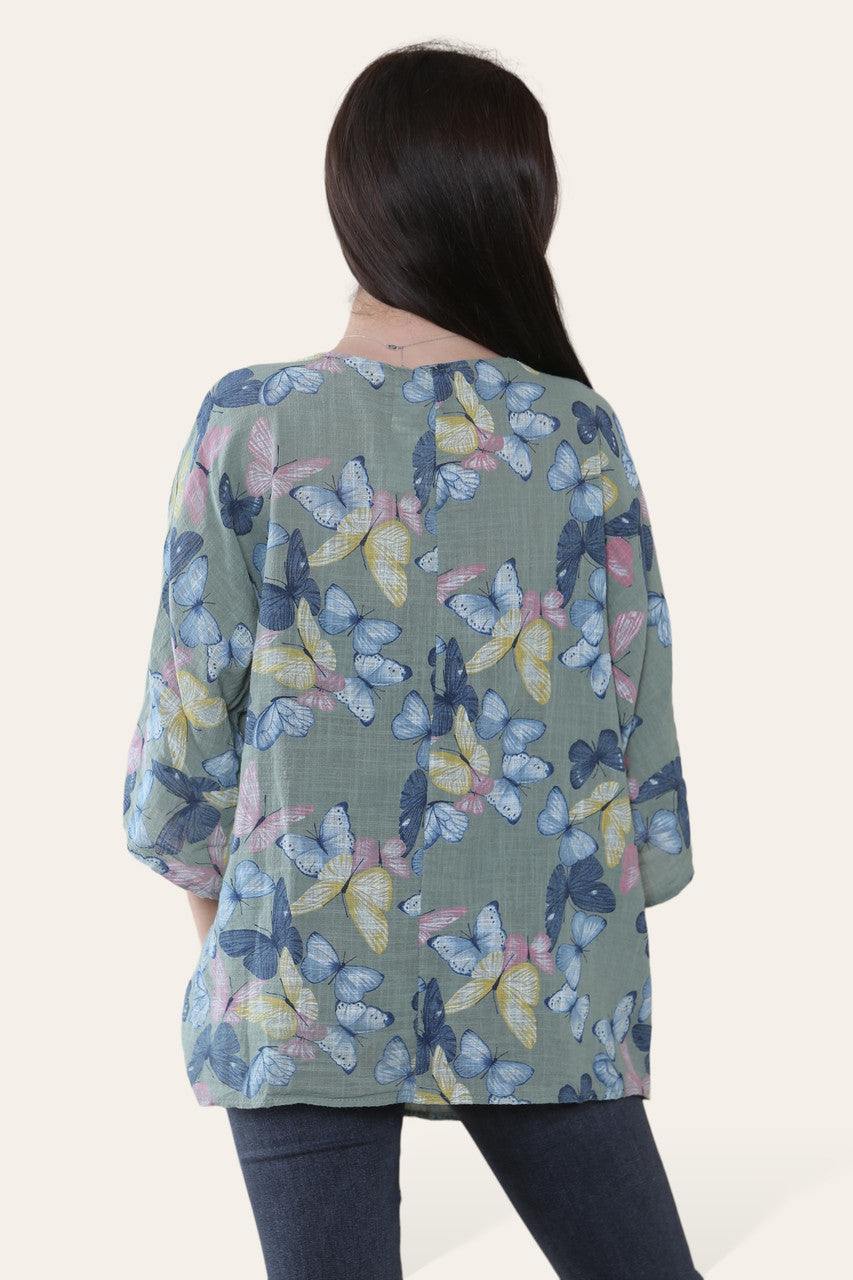 TOP MET VLINDERPRINT KAKI