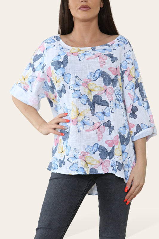 BUTTERFLIES PRINT TOP WHITE
