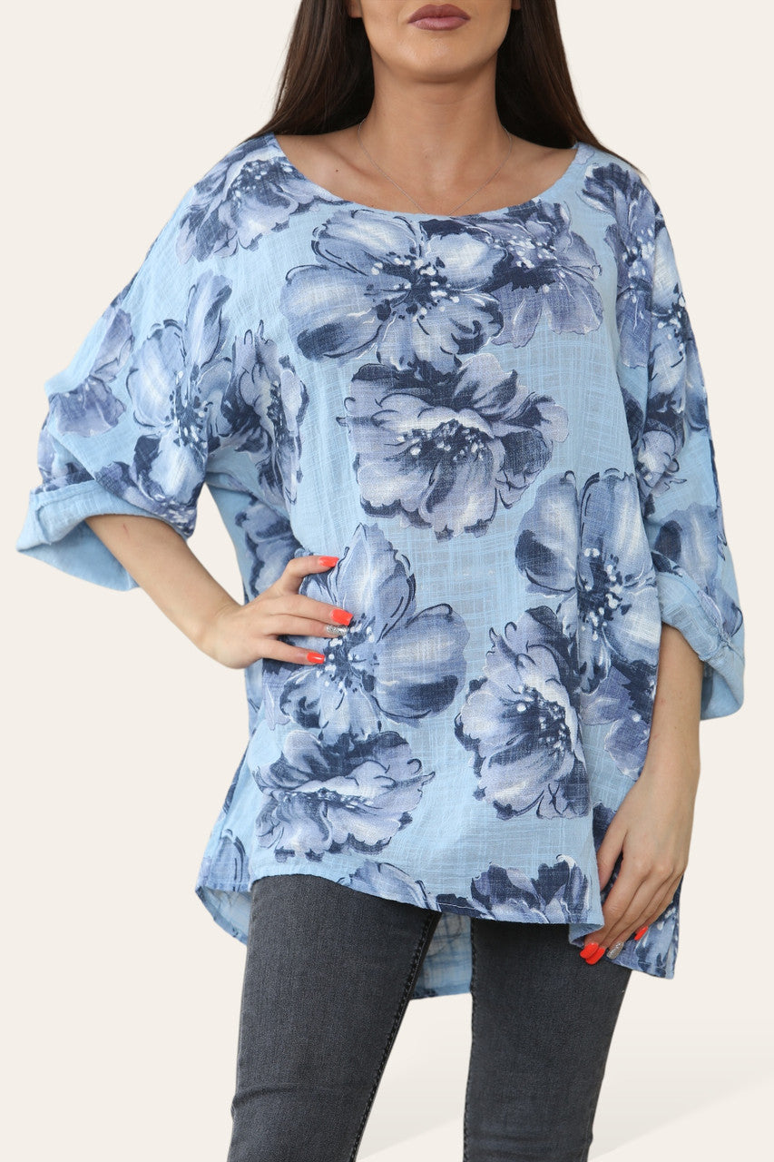 BLOE MEN SCHETS PRINT TOP LICHTBLAUW