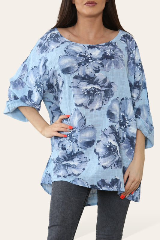FLOWERS SKETCH PRINT TOP LIGHT BLUE