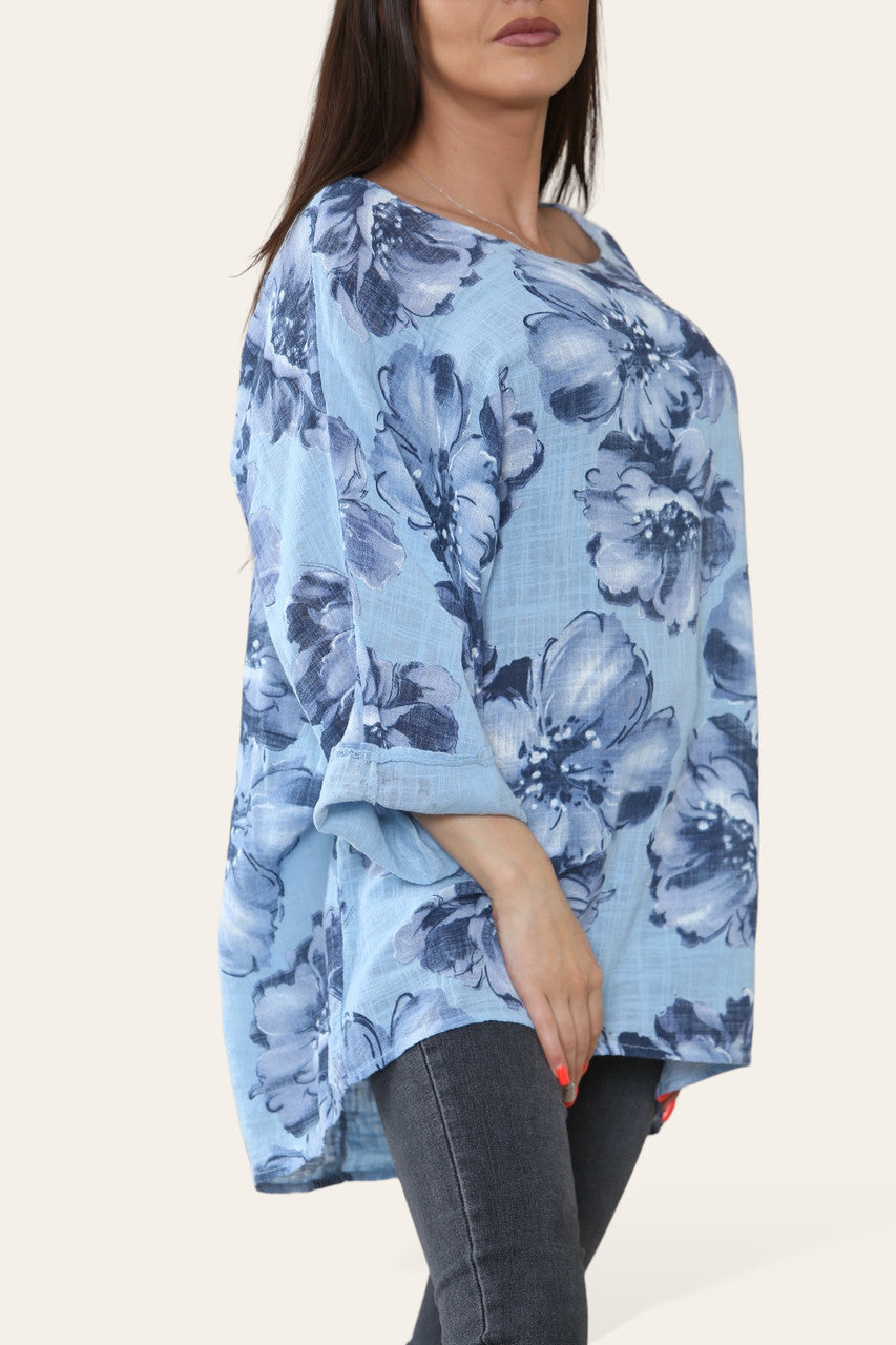 BLOE MEN SCHETS PRINT TOP LICHTBLAUW