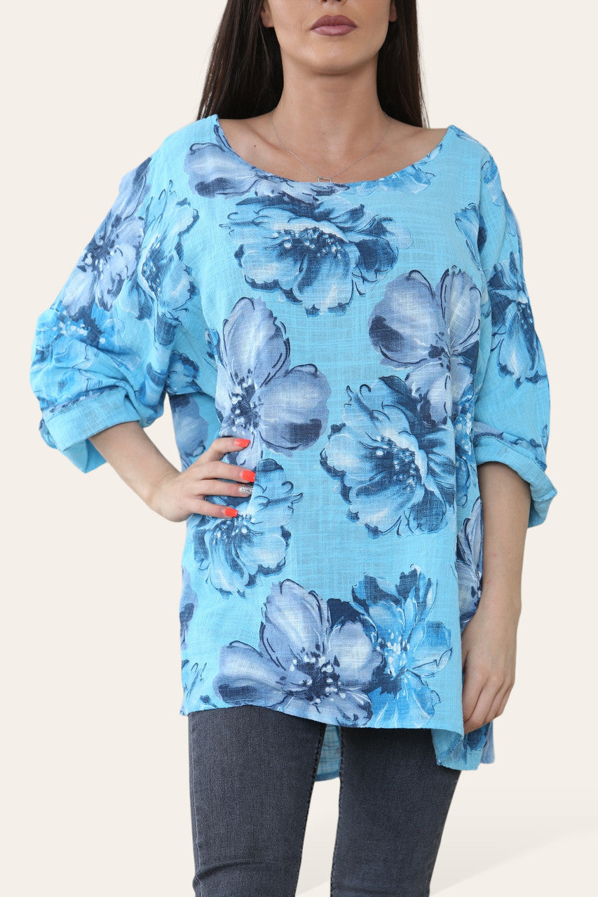 BLOEMEN SCHETS PRINT TOP TURQUOISE