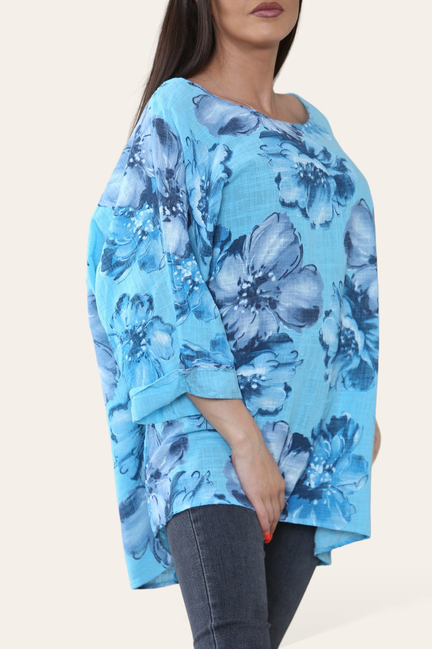BLOEMEN SCHETS PRINT TOP TURQUOISE