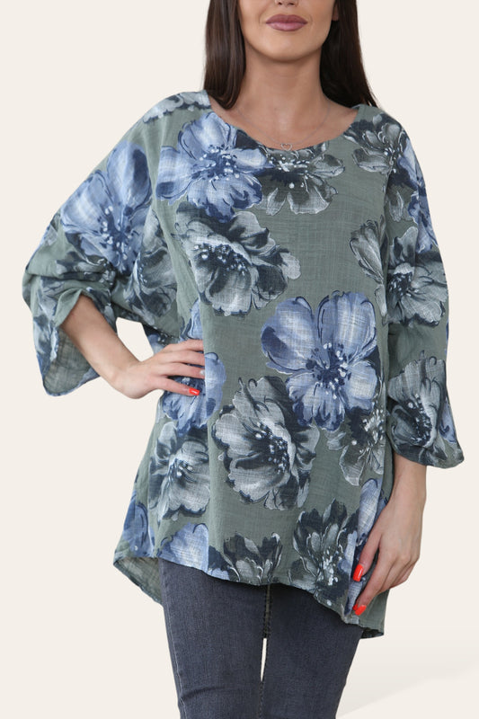 FLOWERS SKETCH PRINT TOP KHAKI