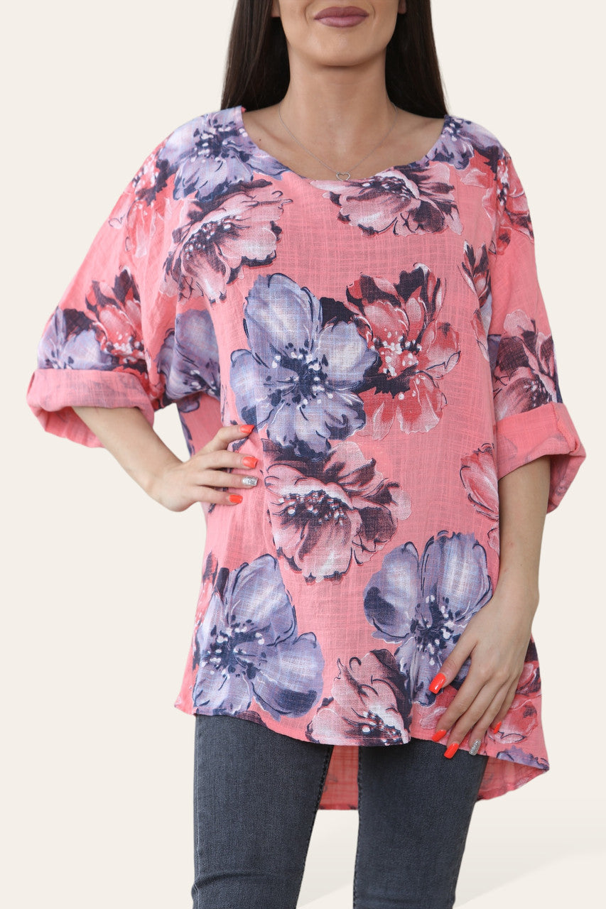 BLOEMEN SCHETS PRINT TOP KORAAL