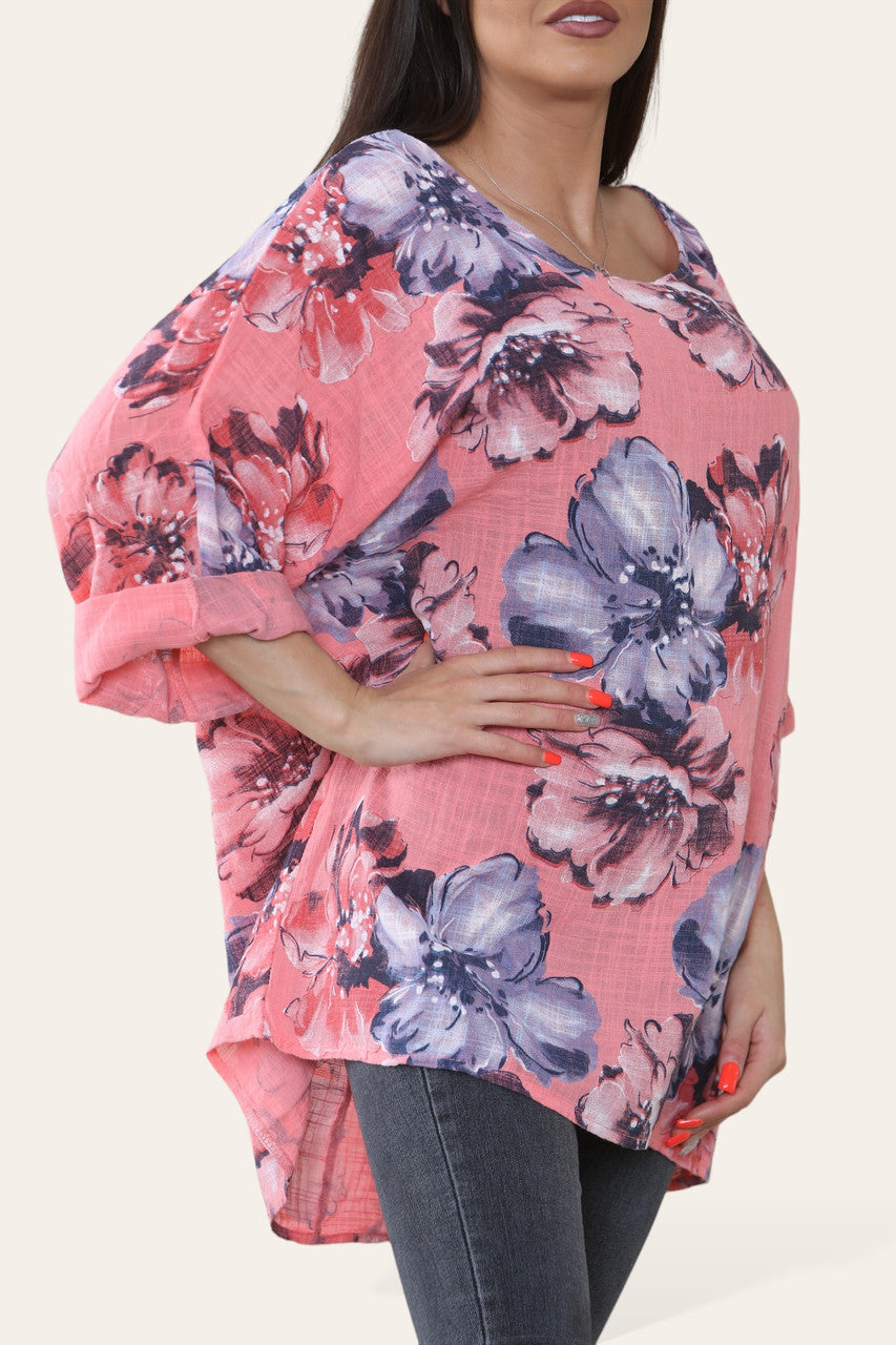 BLOEMEN SCHETS PRINT TOP KORAAL