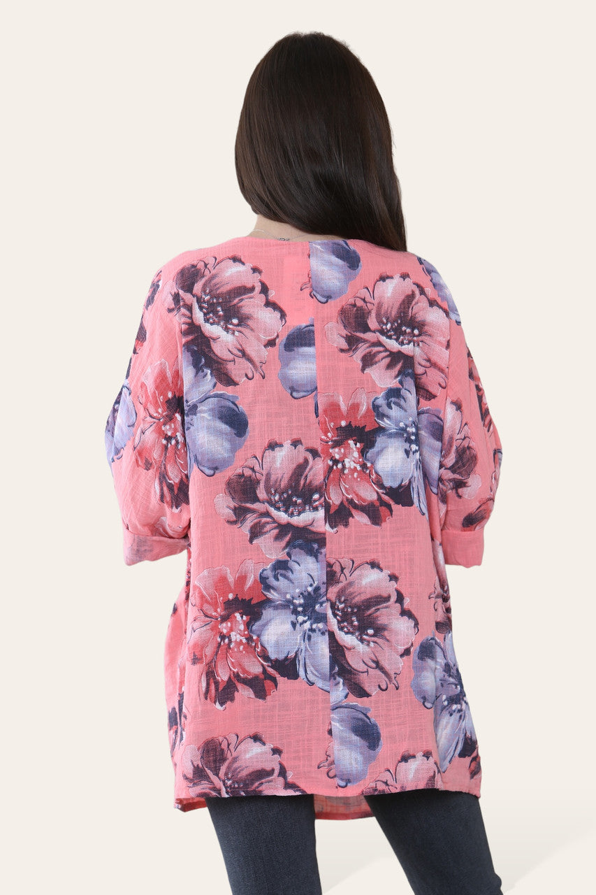 BLOEMEN SCHETS PRINT TOP KORAAL