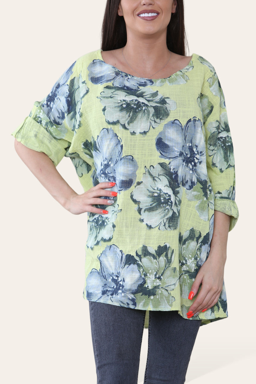 TOP MET BLOEMENSKETCH EN PRINT LIMOEN