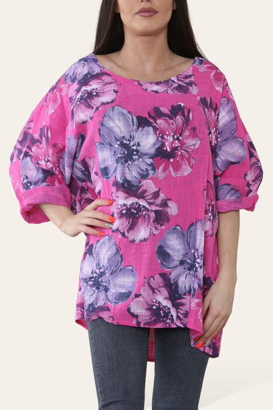 FLOWERS SKETCH PRINT TOP CERISE