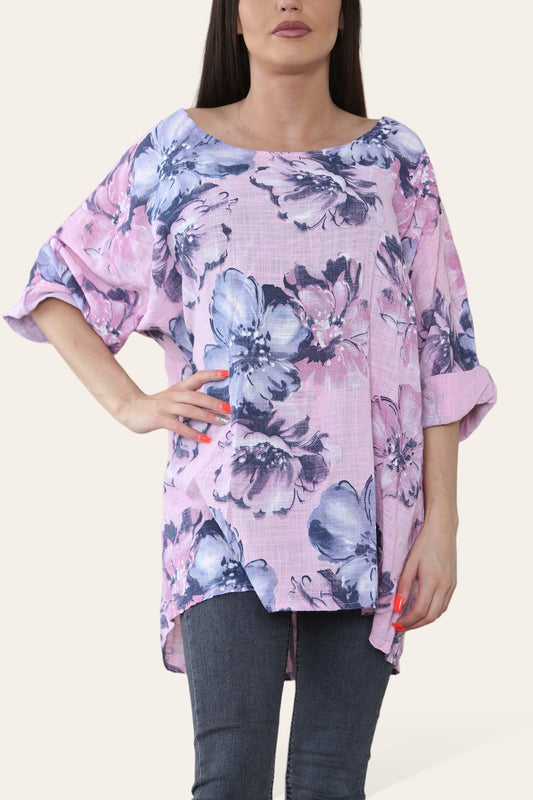 FLOWERS SKETCH PRINT TOP PINK