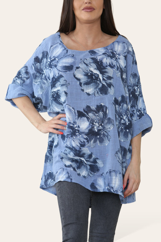 FLOWERS SKETCH PRINT TOP DENIM