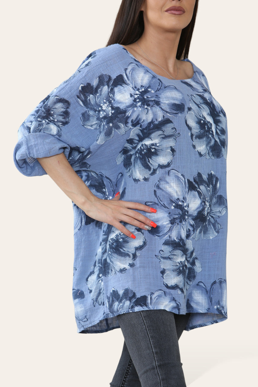 BLOEMEN SCHETS PRINT TOP spijkerstof
