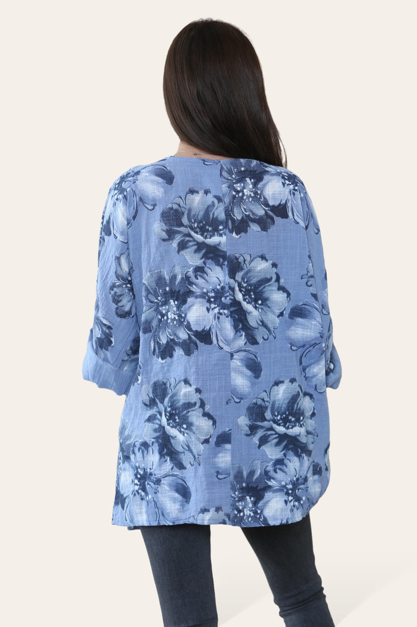 BLOEMEN SCHETS PRINT TOP spijkerstof