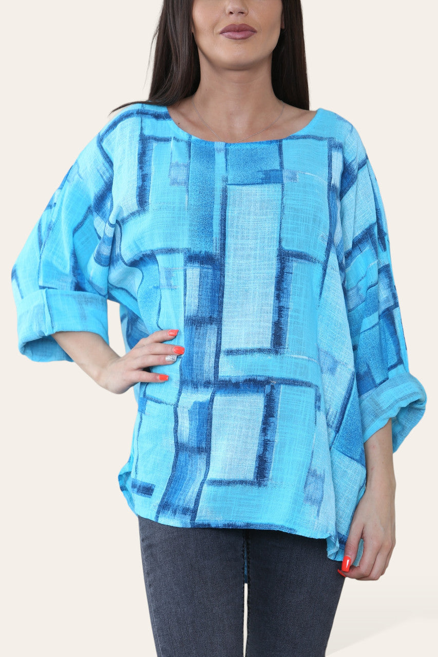 VIERKANTE GEOMETRISCHE VORMEN PRINT TOP TURKOOIS