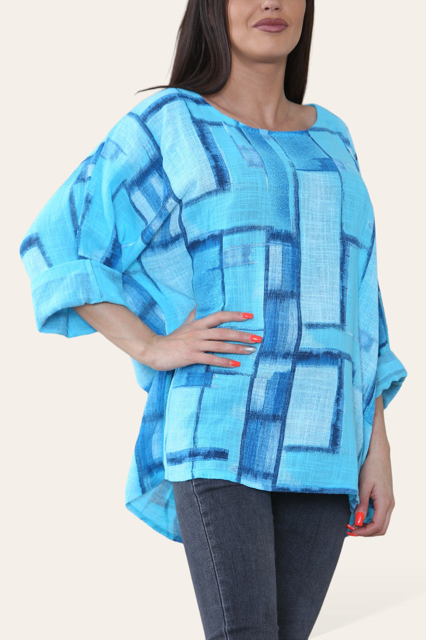 VIERKANTE GEOMETRISCHE VORMEN PRINT TOP TURKOOIS