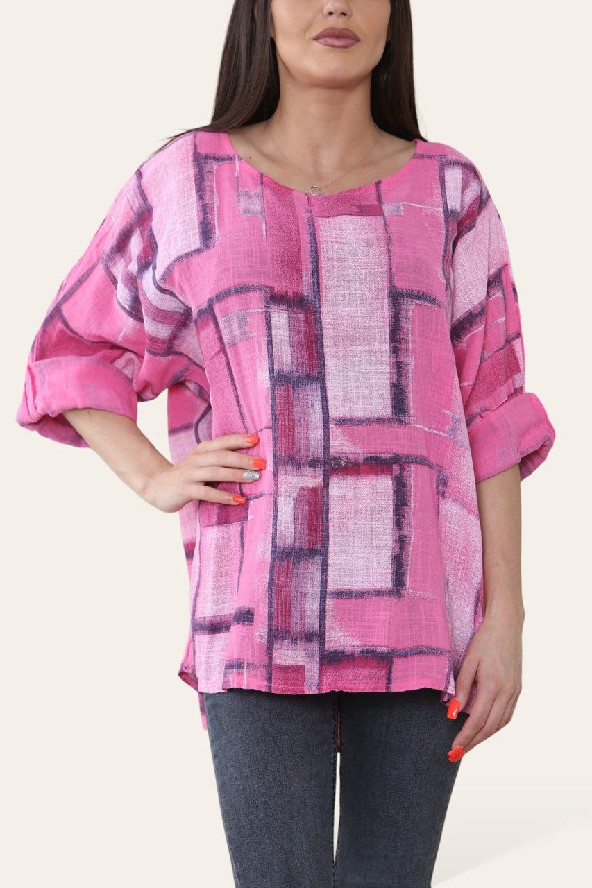 TOP MET VIERKANTE GEOMETRISCHE VORMEN PRINT CERISE