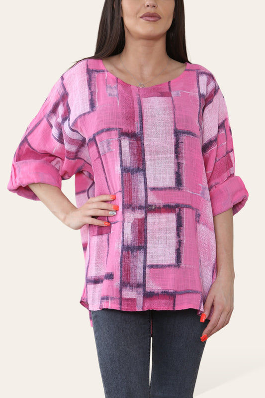 TOP MET VIERKANTE GEOMETRISCHE VORMEN PRINT CERISE